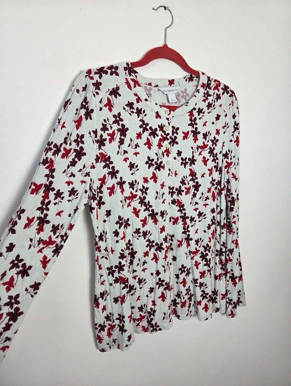 Liz Claiborne Autumn Floral Knit Top Henley Long Sleeve White Red Modest Large